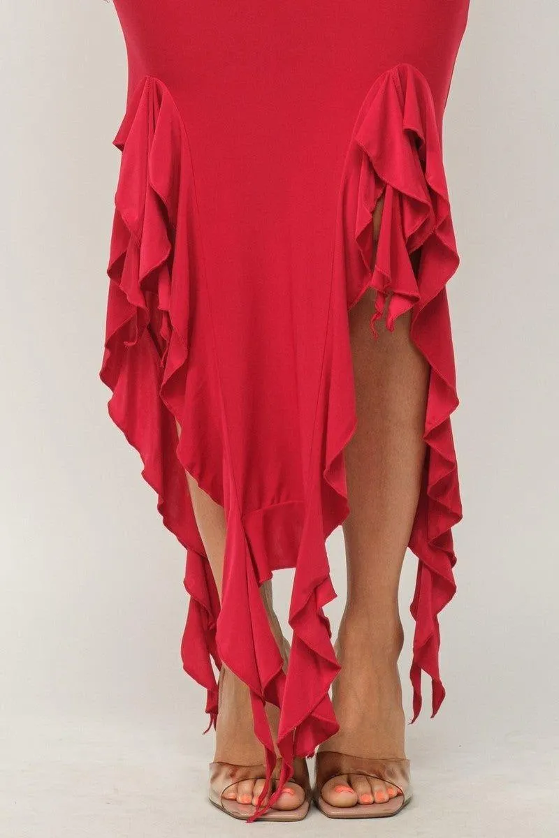 Ruffle Trim Slit Tube Maxi Dress
