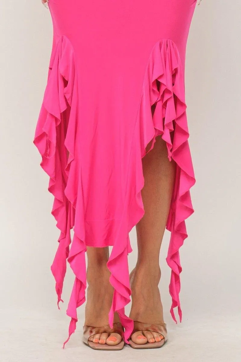 Ruffle Trim Slit Tube Maxi Dress