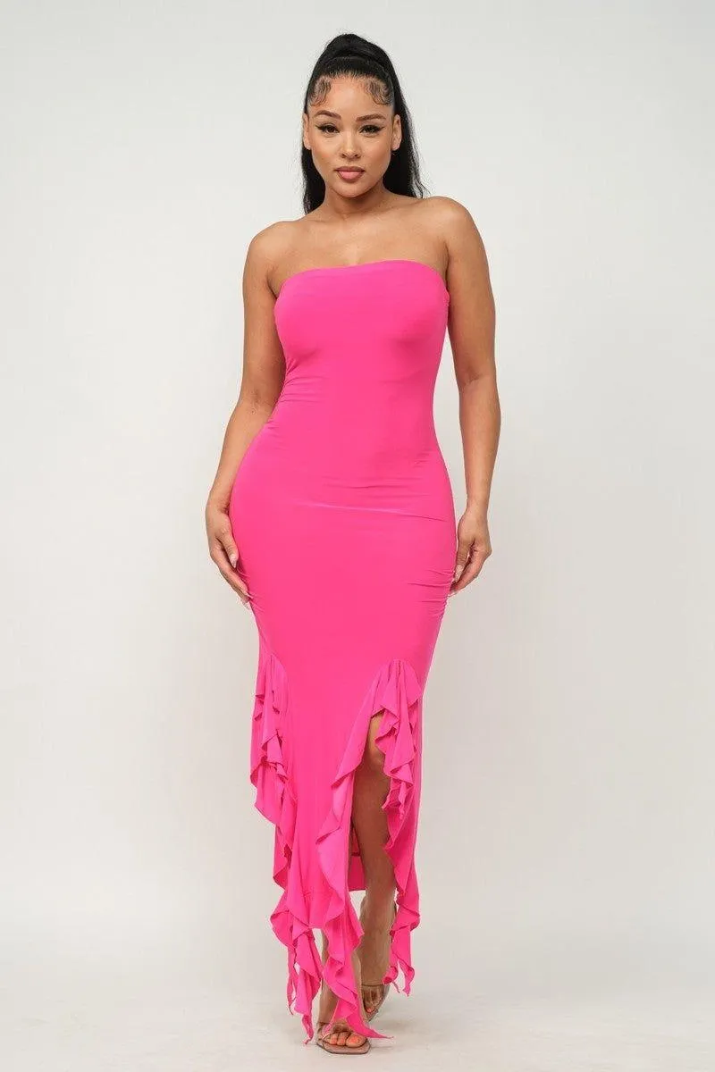 Ruffle Trim Slit Tube Maxi Dress