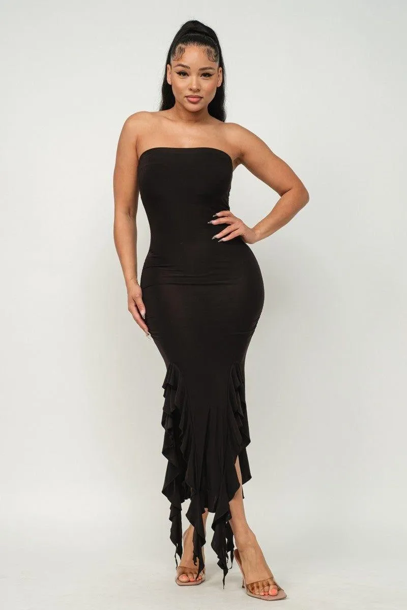 Ruffle Trim Slit Tube Maxi Dress