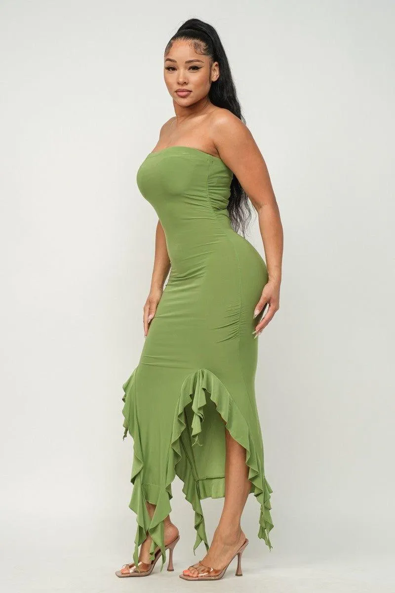 Ruffle Trim Slit Tube Maxi Dress