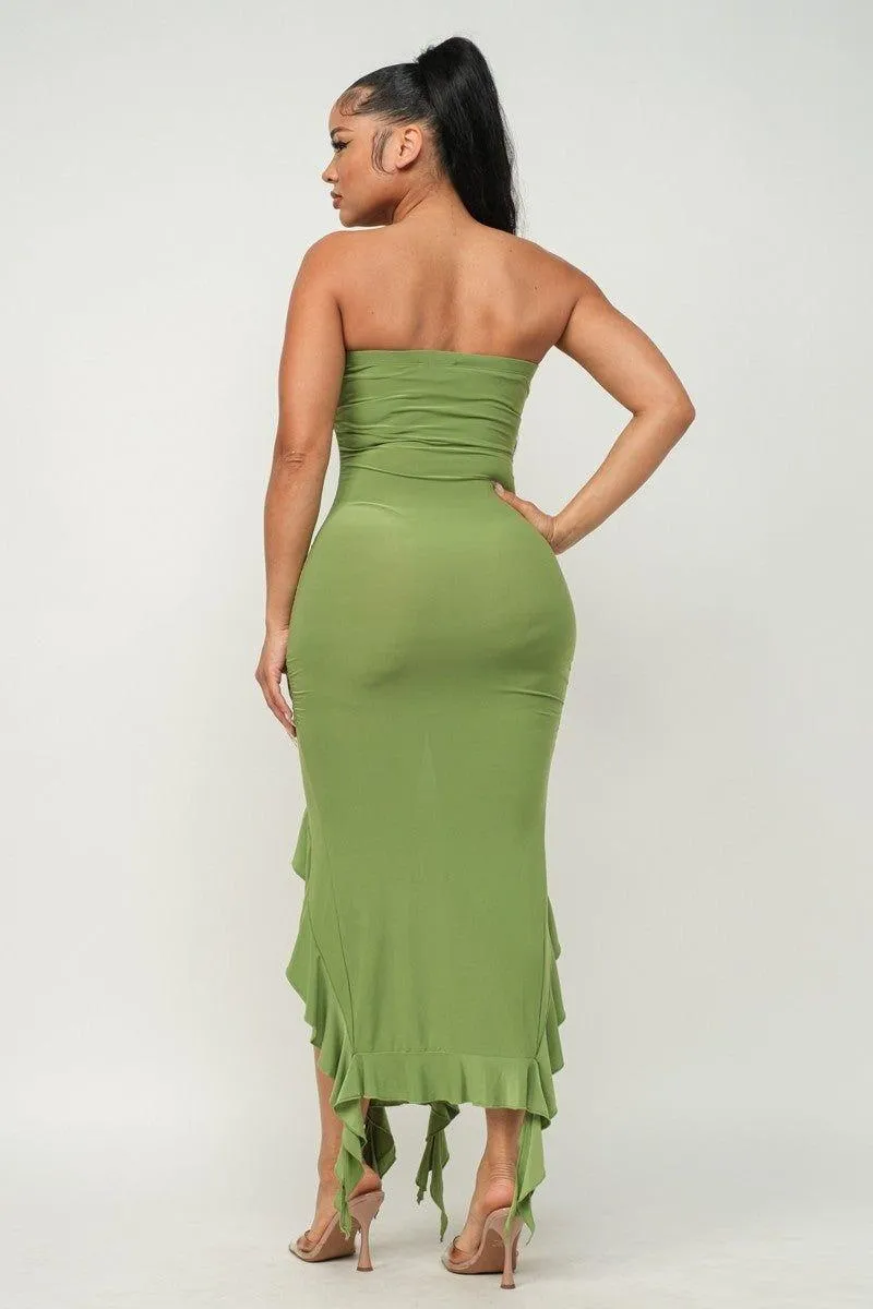Ruffle Trim Slit Tube Maxi Dress