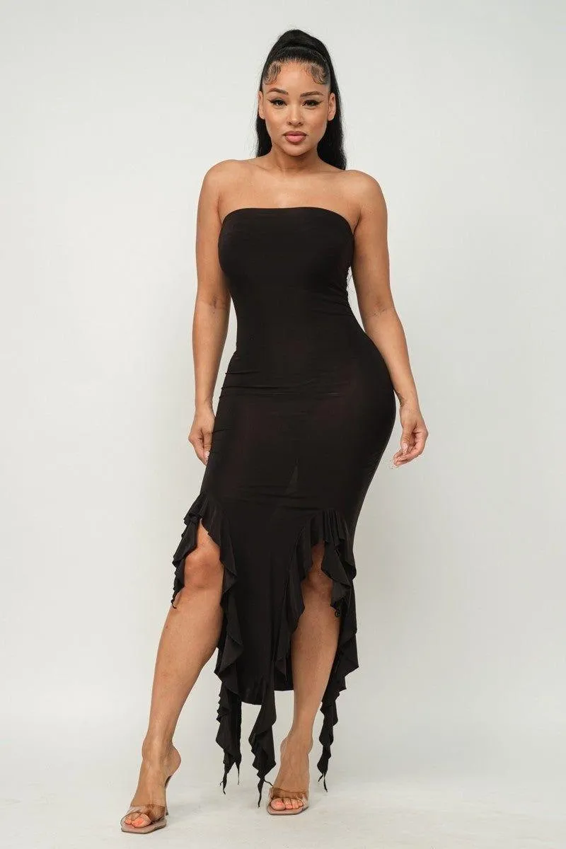 Ruffle Trim Slit Tube Maxi Dress