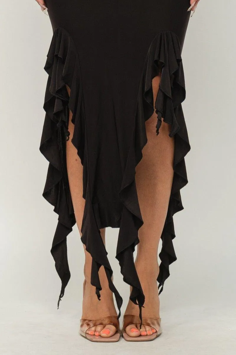 Ruffle Trim Slit Tube Maxi Dress