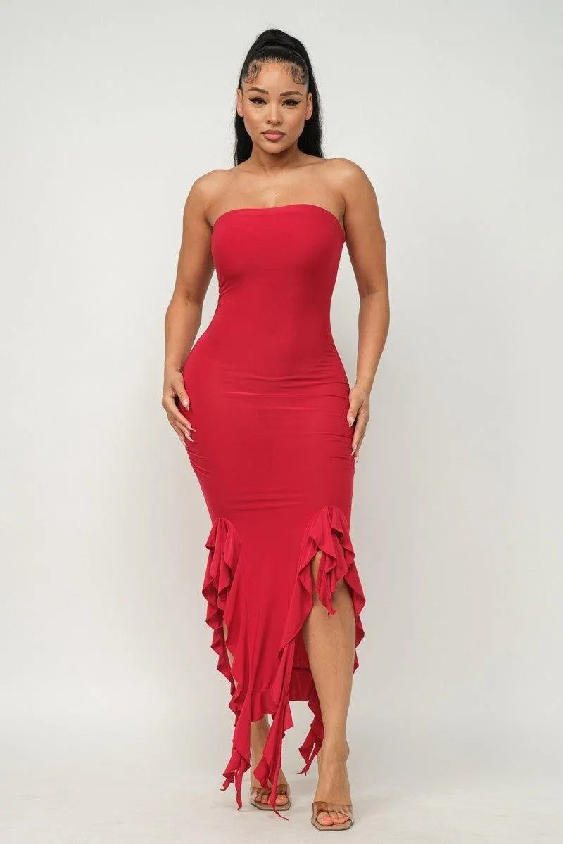 Ruffle Trim Slit Tube Maxi Dress