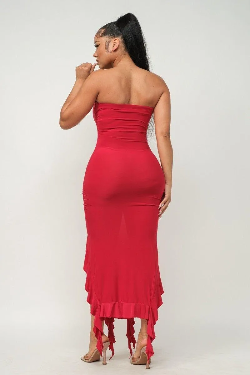 Ruffle Trim Slit Tube Maxi Dress