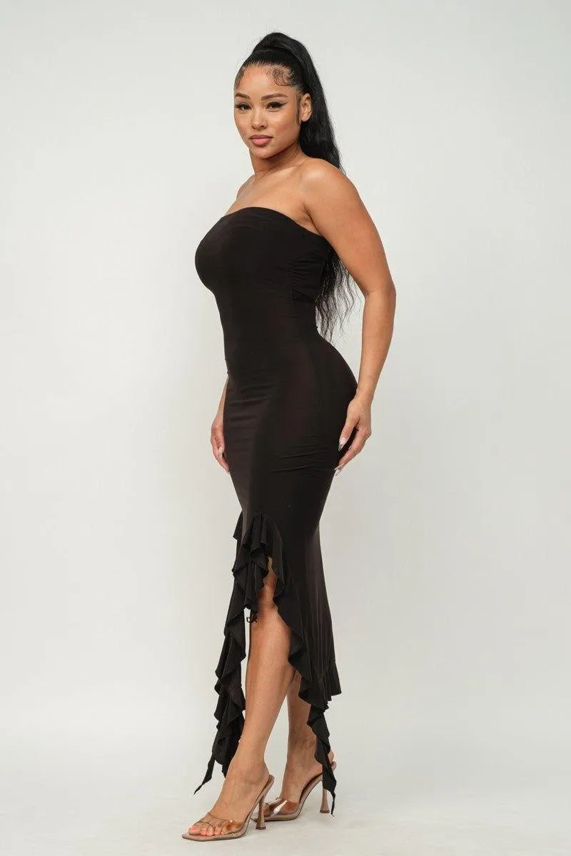 Ruffle Trim Slit Tube Maxi Dress
