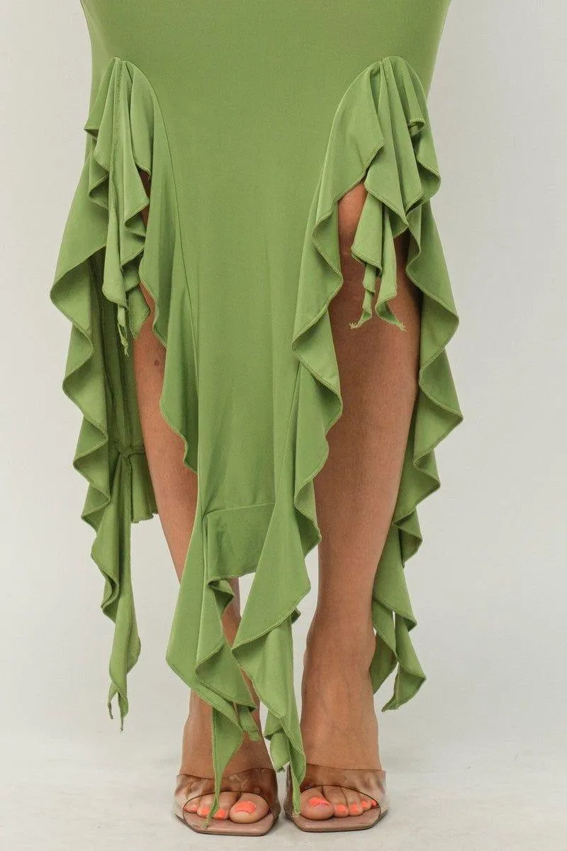 Ruffle Trim Slit Tube Maxi Dress