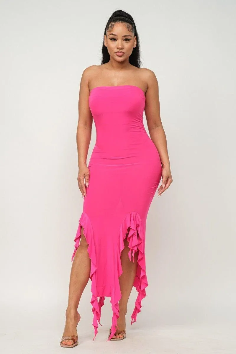Ruffle Trim Slit Tube Maxi Dress
