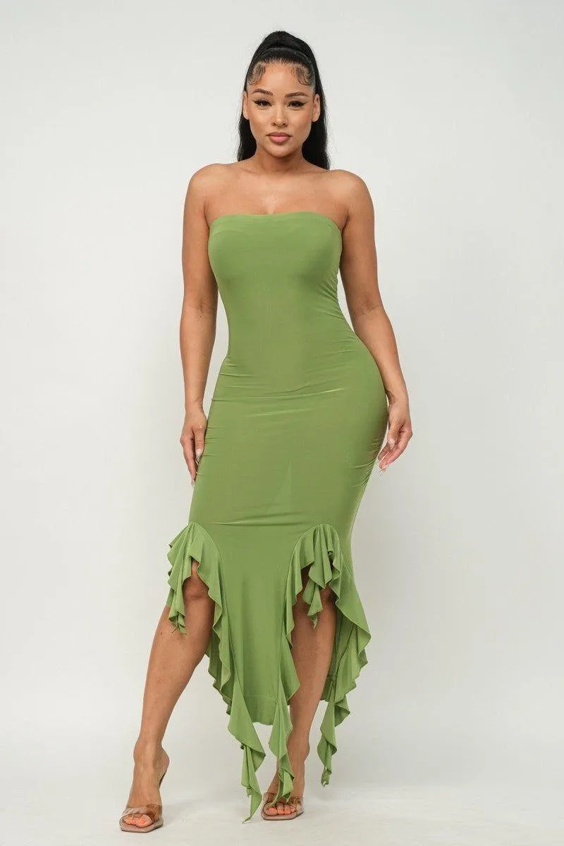 Ruffle Trim Slit Tube Maxi Dress