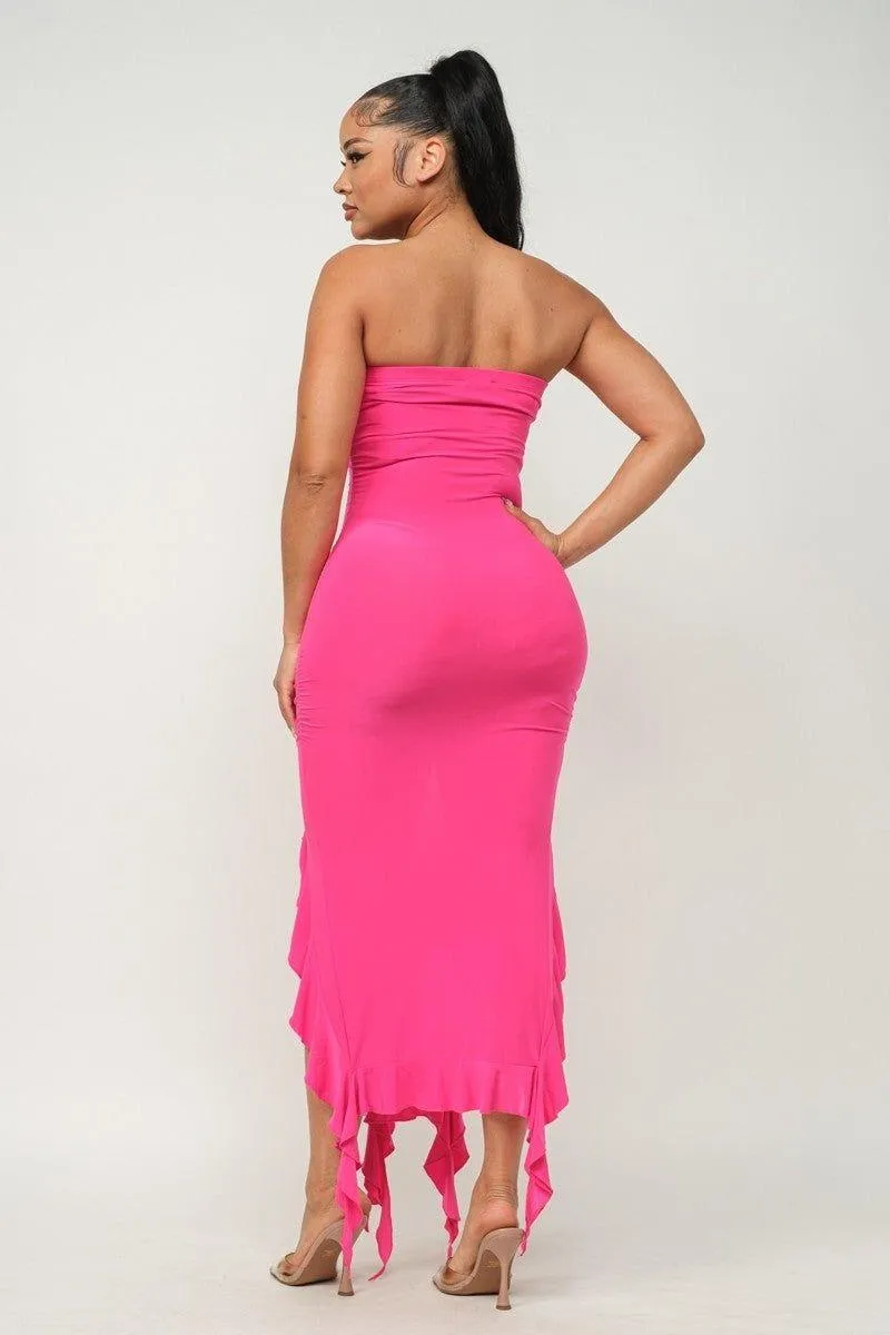 Ruffle Trim Slit Tube Maxi Dress