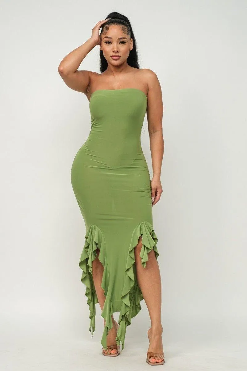 Ruffle Trim Slit Tube Maxi Dress