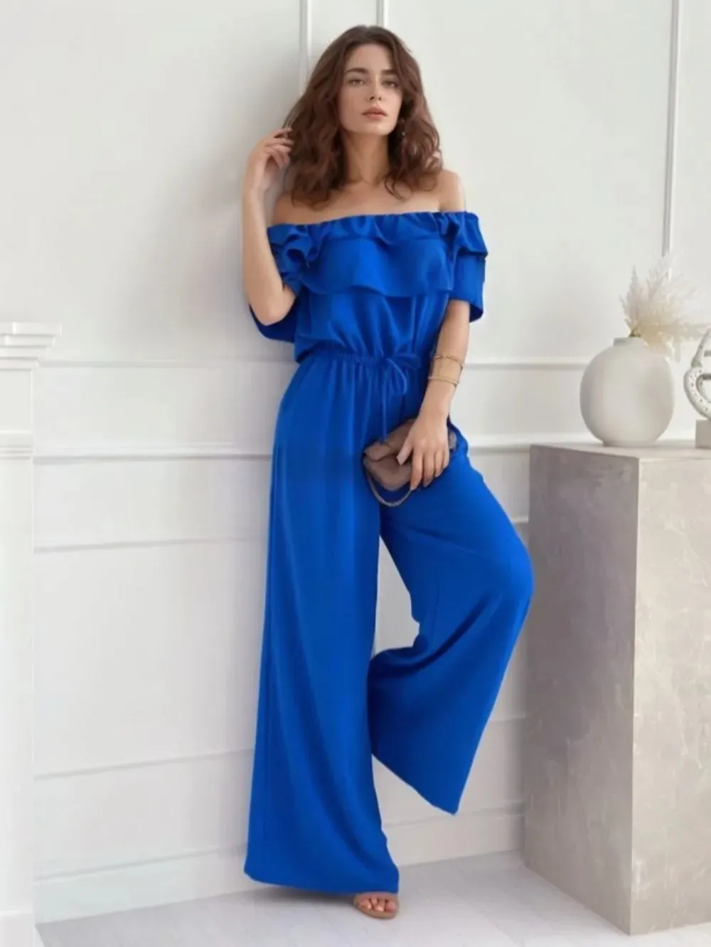 Ruffled Off-Shoulder Wide Leg Jumpsuit