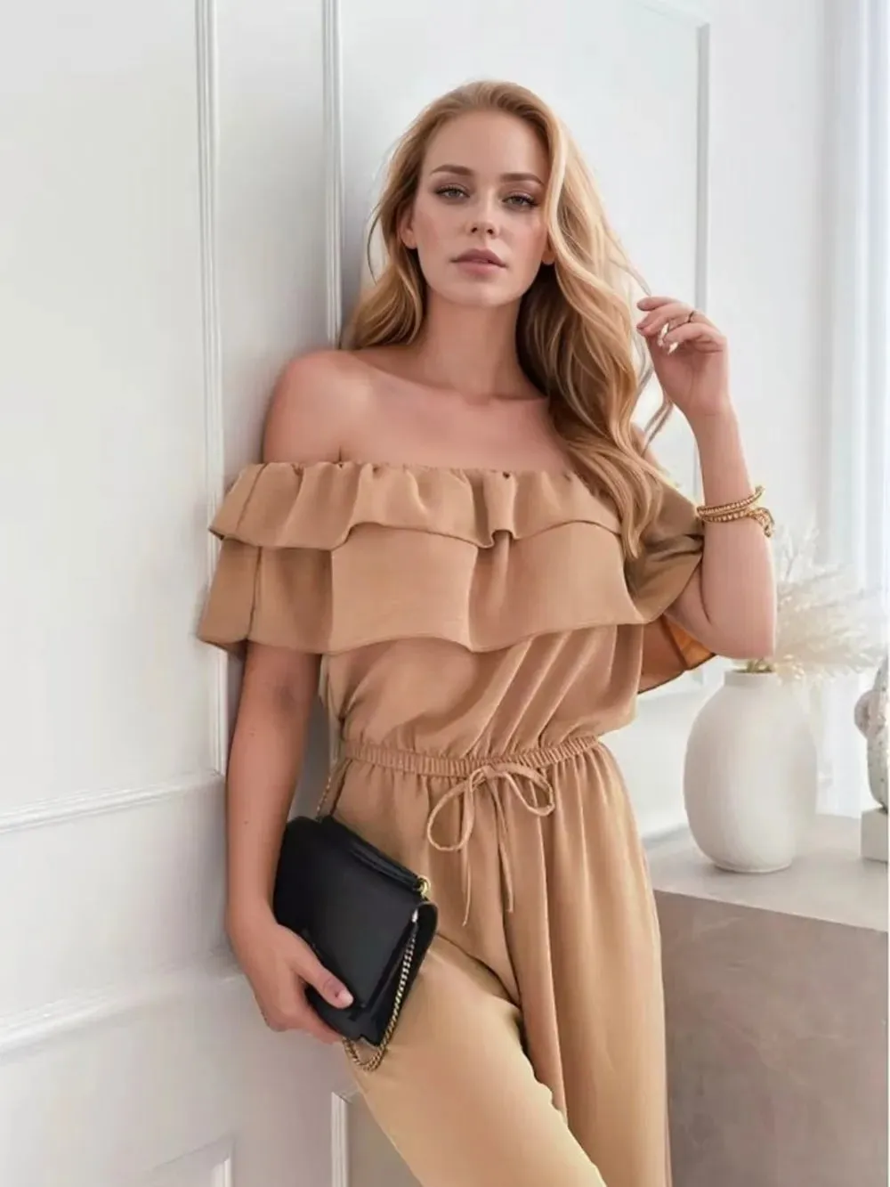 Ruffled Off-Shoulder Wide Leg Jumpsuit