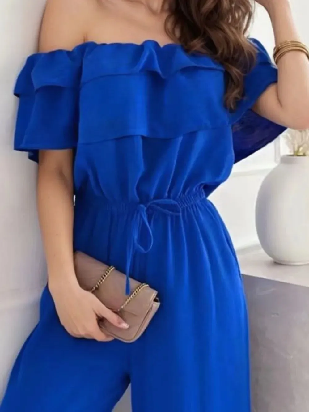 Ruffled Off-Shoulder Wide Leg Jumpsuit