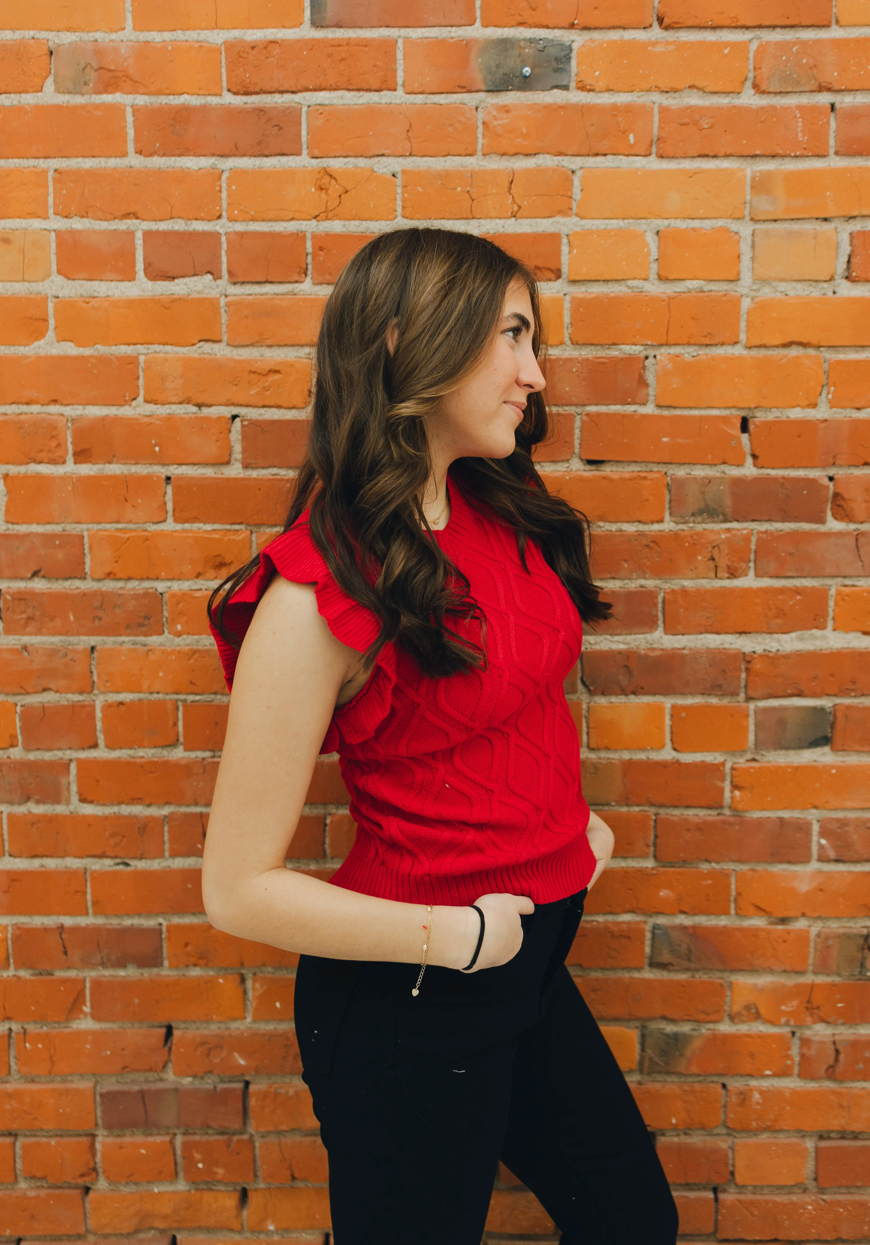 Ruffled Sleeve Cable Knit Sweater
