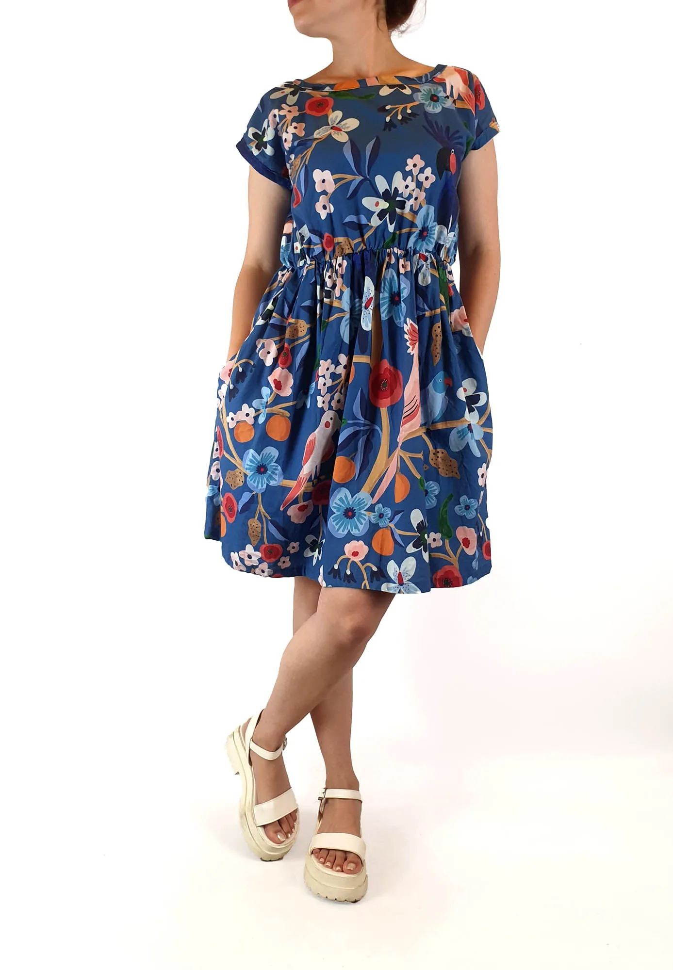 Rummage Style blue floral cap sleeve dress size 14 (tiny fit, best fits size 10)