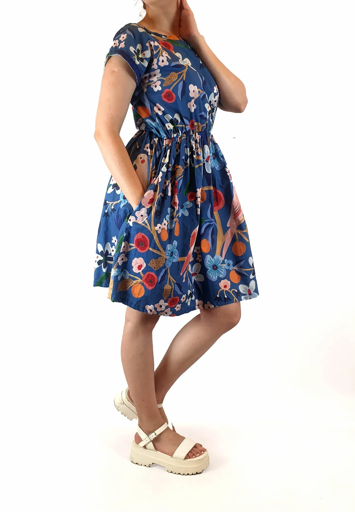 Rummage Style blue floral cap sleeve dress size 14 (tiny fit, best fits size 10)