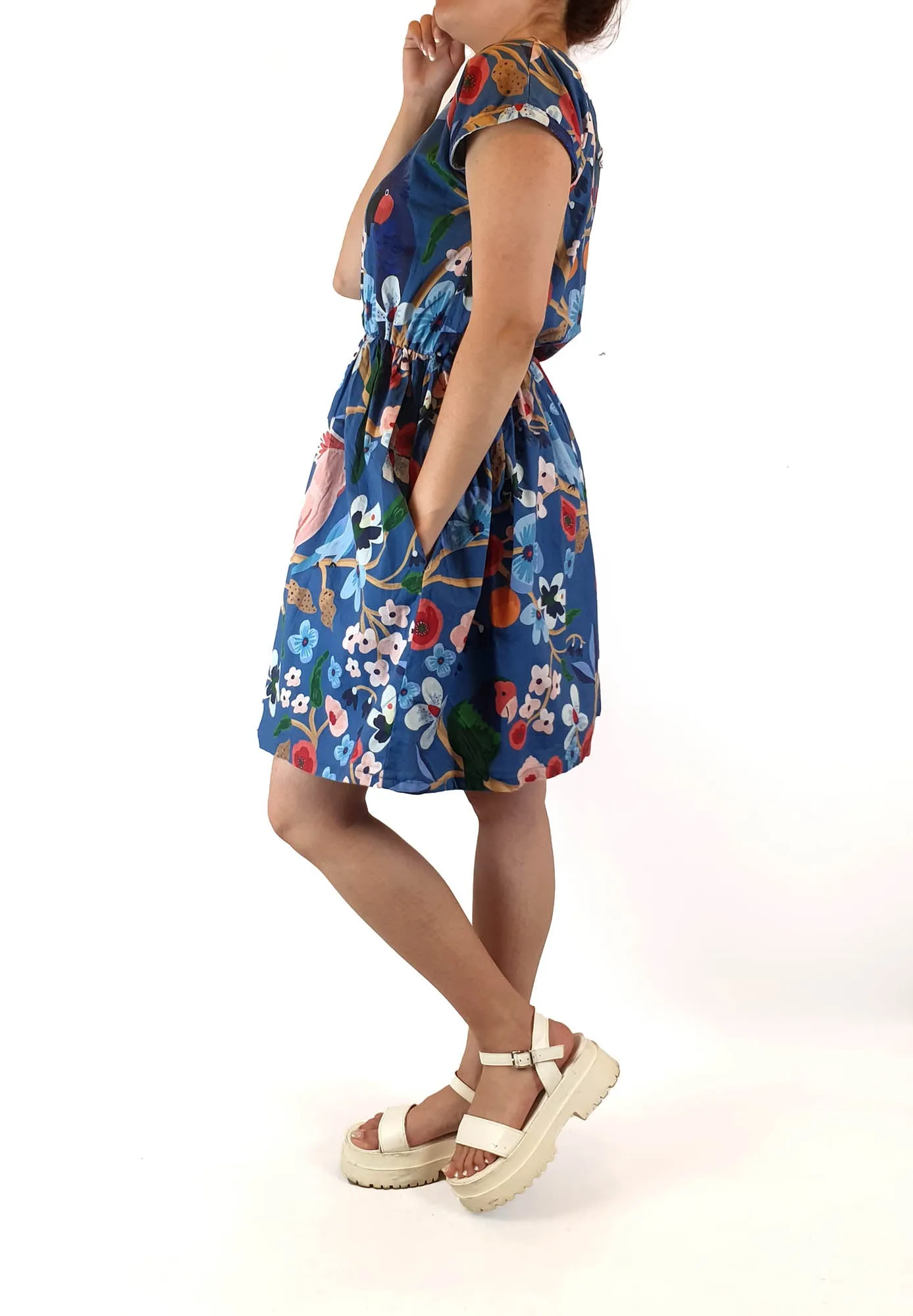 Rummage Style blue floral cap sleeve dress size 14 (tiny fit, best fits size 10)