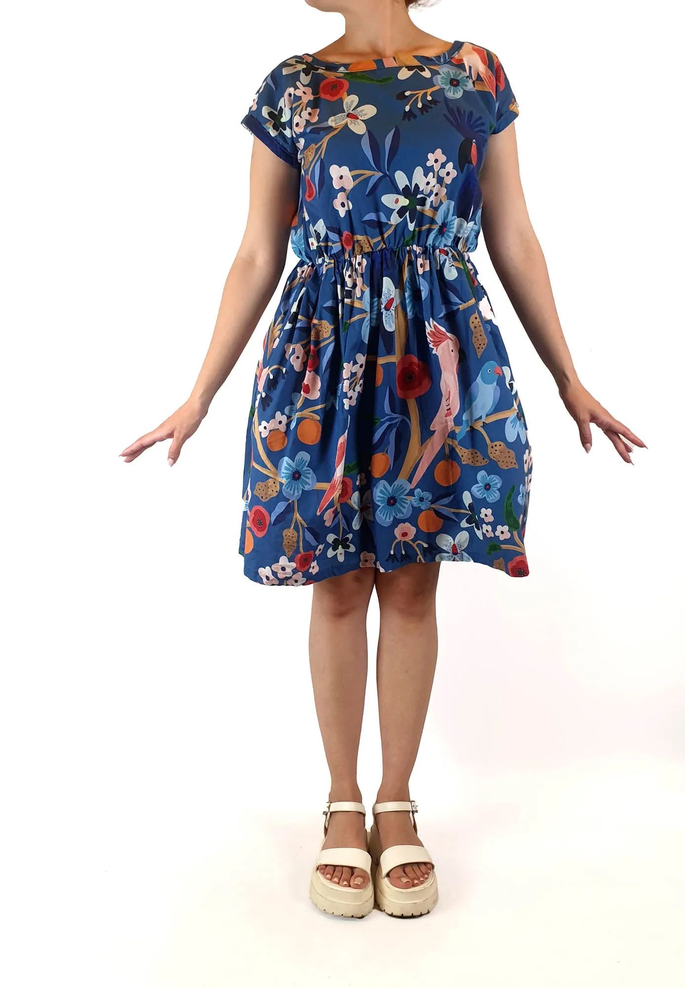 Rummage Style blue floral cap sleeve dress size 14 (tiny fit, best fits size 10)