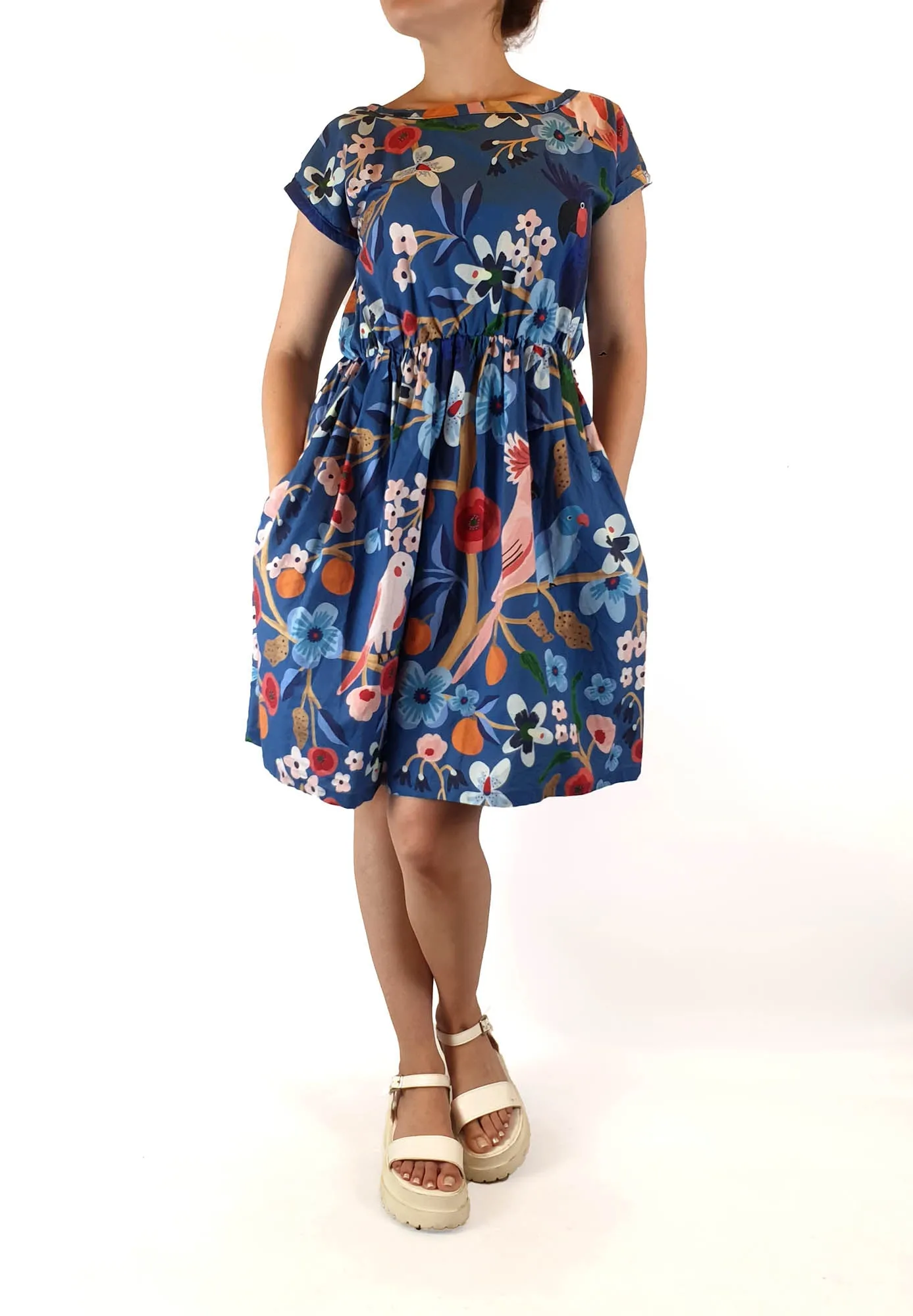 Rummage Style blue floral cap sleeve dress size 14 (tiny fit, best fits size 10)