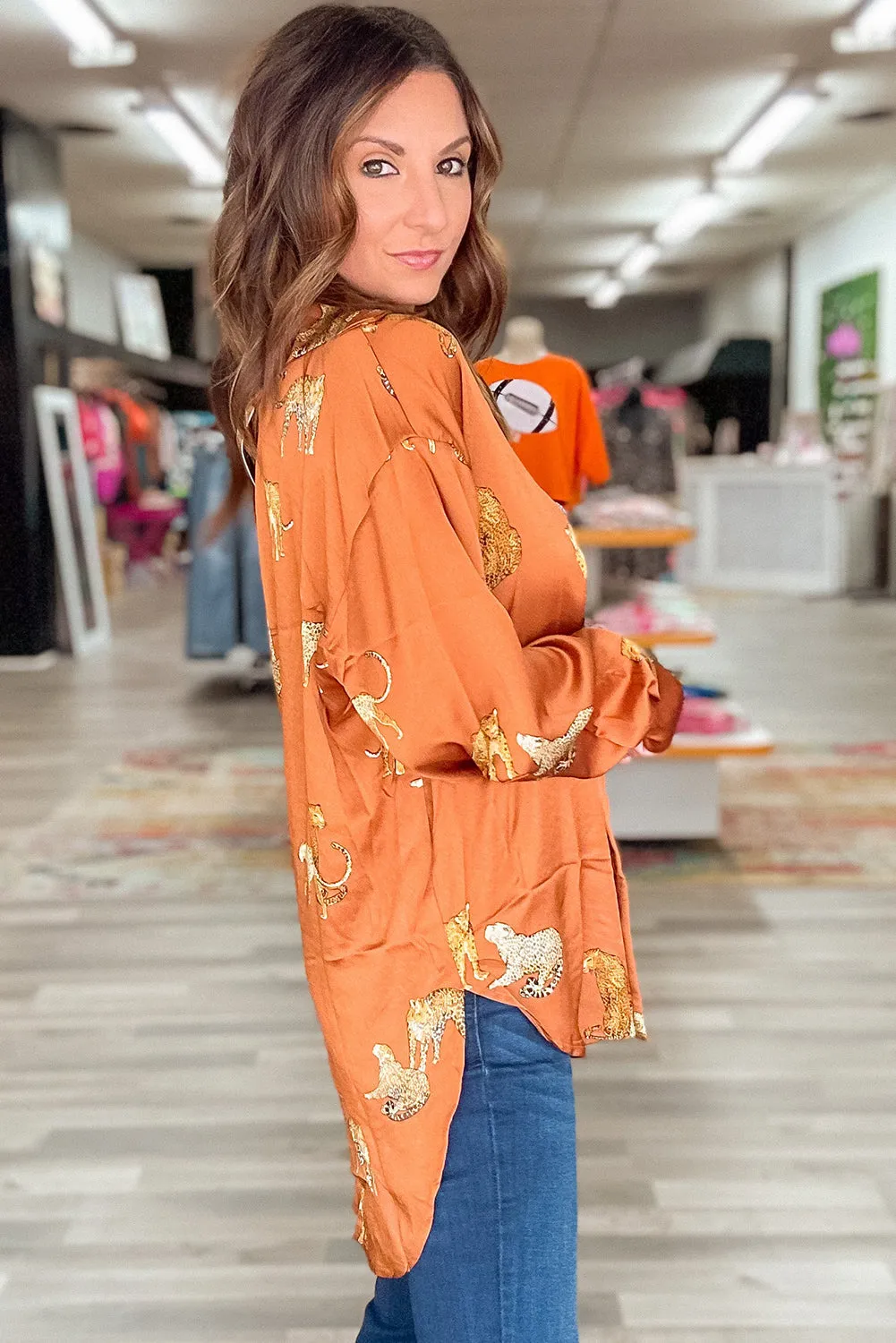 Russet Orange Cheetah Animal Print Button Up Satin Shirt