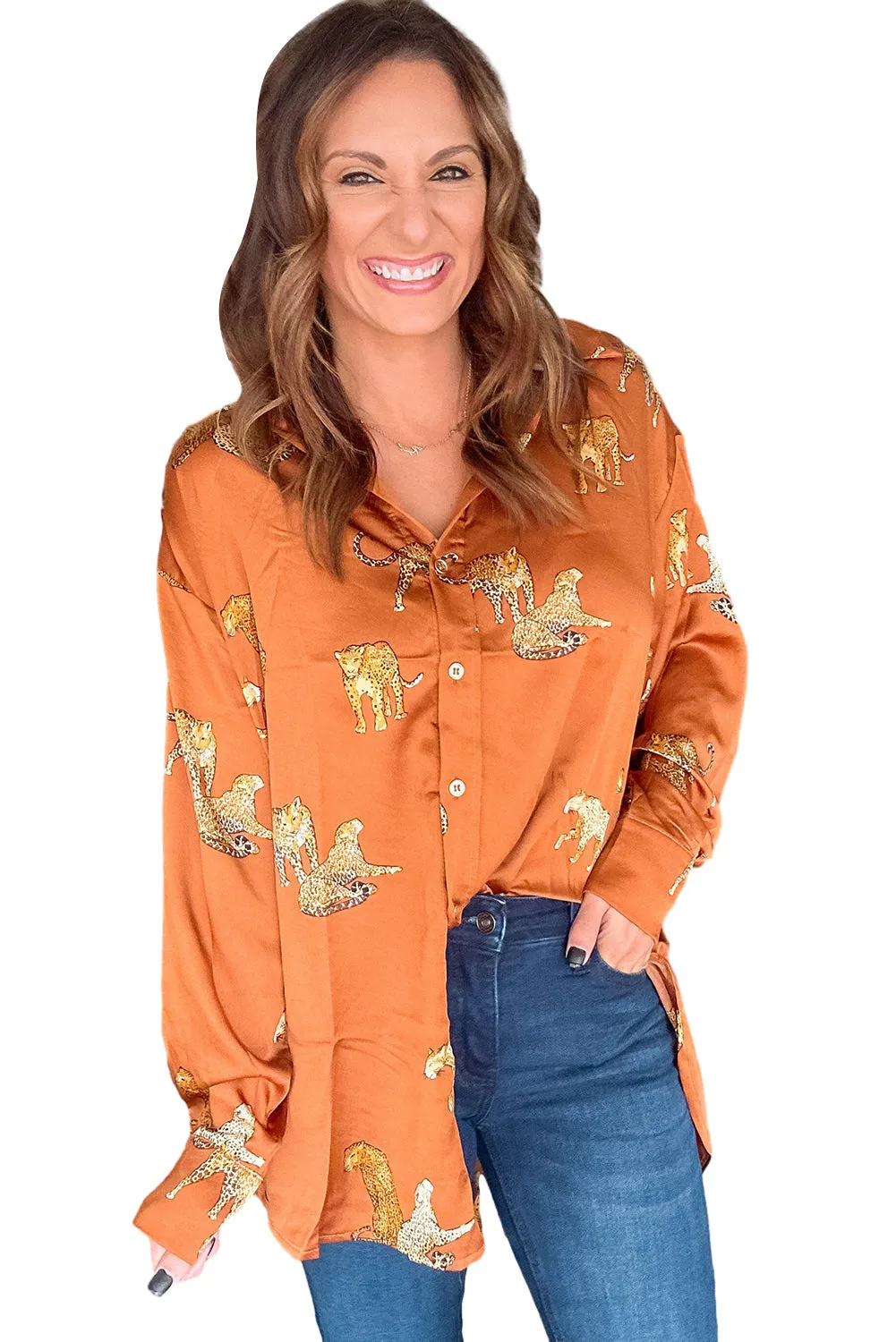 Russet Orange Cheetah Animal Print Button Up Satin Shirt