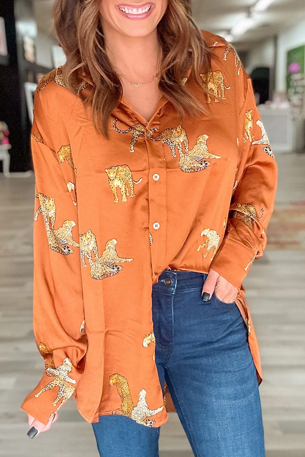Russet Orange Cheetah Animal Print Button Up Satin Shirt