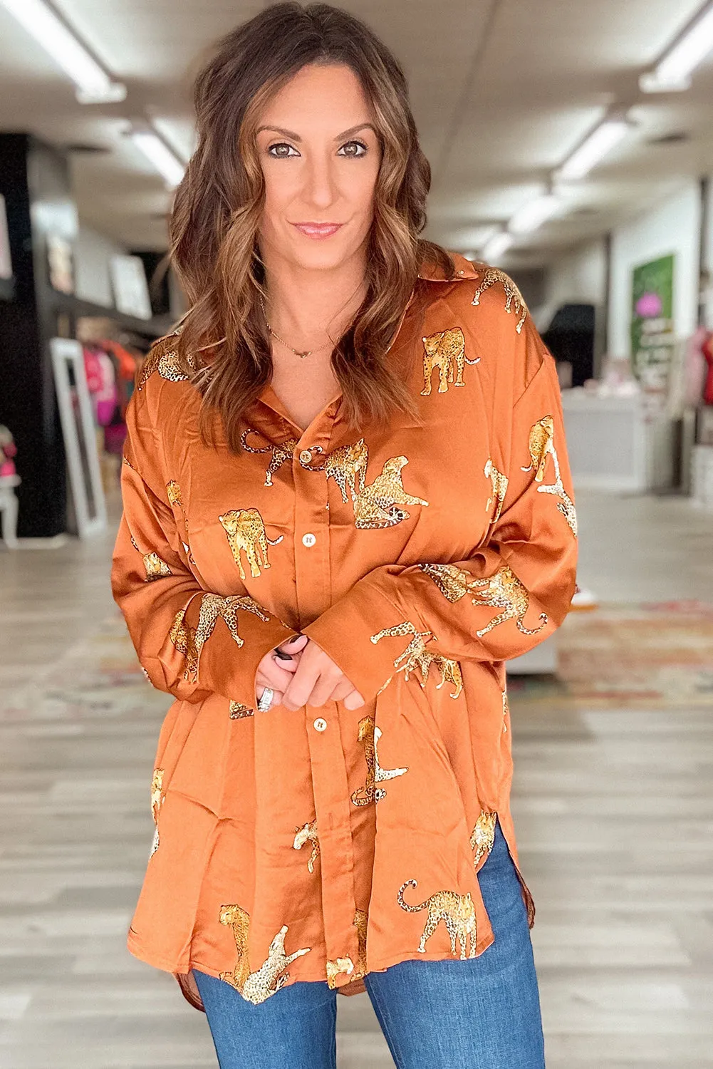 Russet Orange Cheetah Animal Print Button Up Satin Shirt