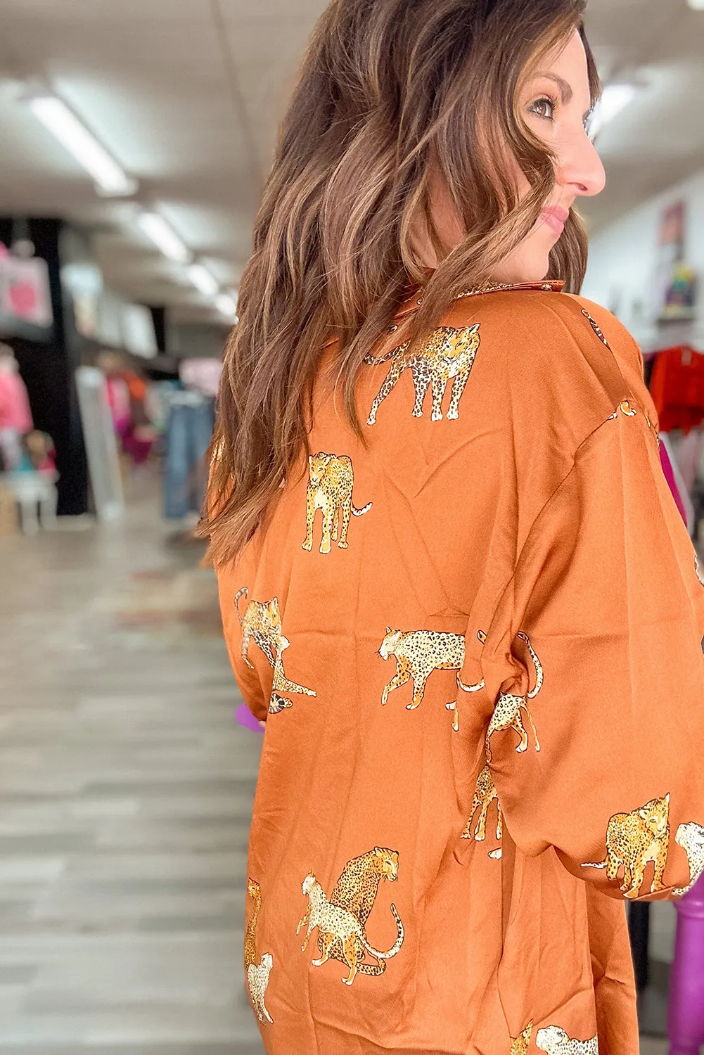 Russet Orange Cheetah Animal Print Button Up Satin Shirt