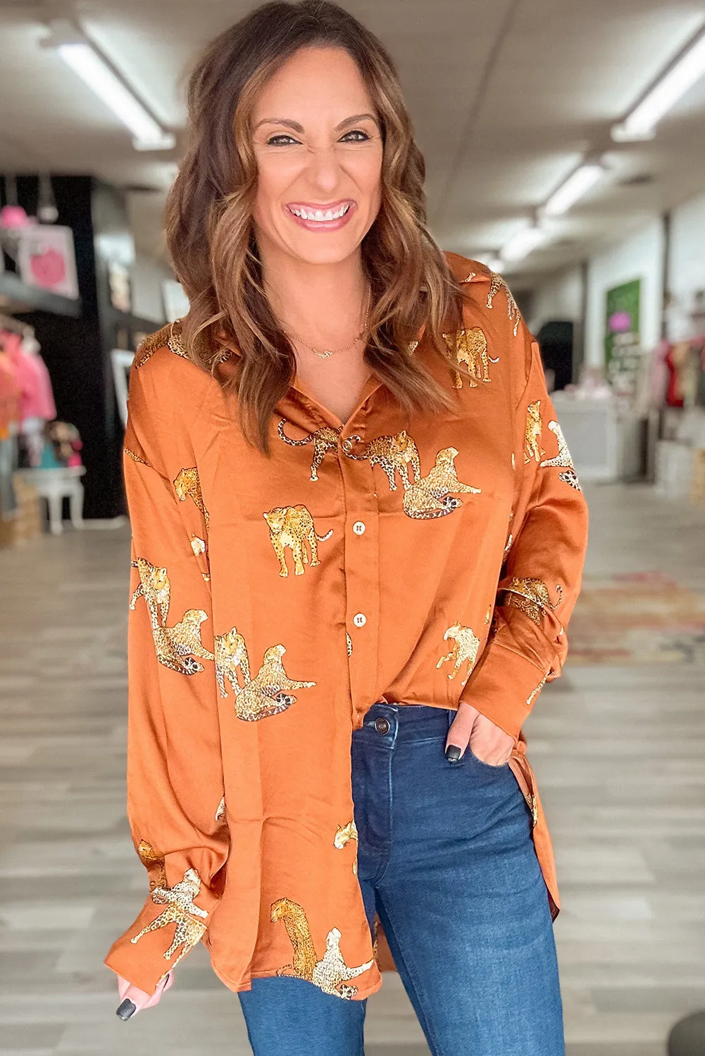 Russet Orange Cheetah Animal Print Button Up Satin Shirt