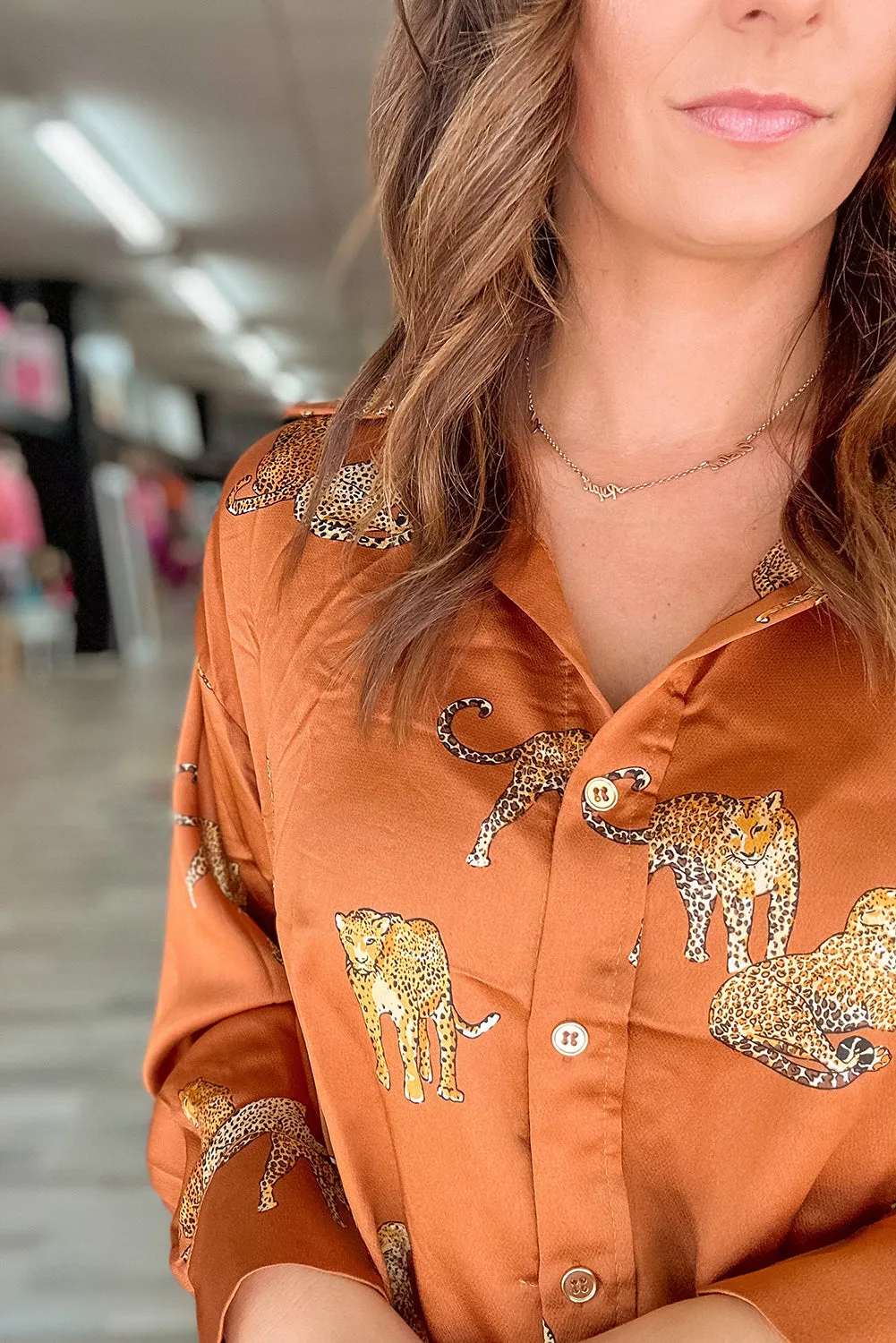 Russet Orange Cheetah Animal Print Button Up Satin Shirt