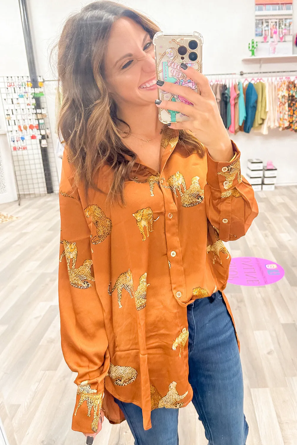 Russet Orange Cheetah Animal Print Button Up Satin Shirt