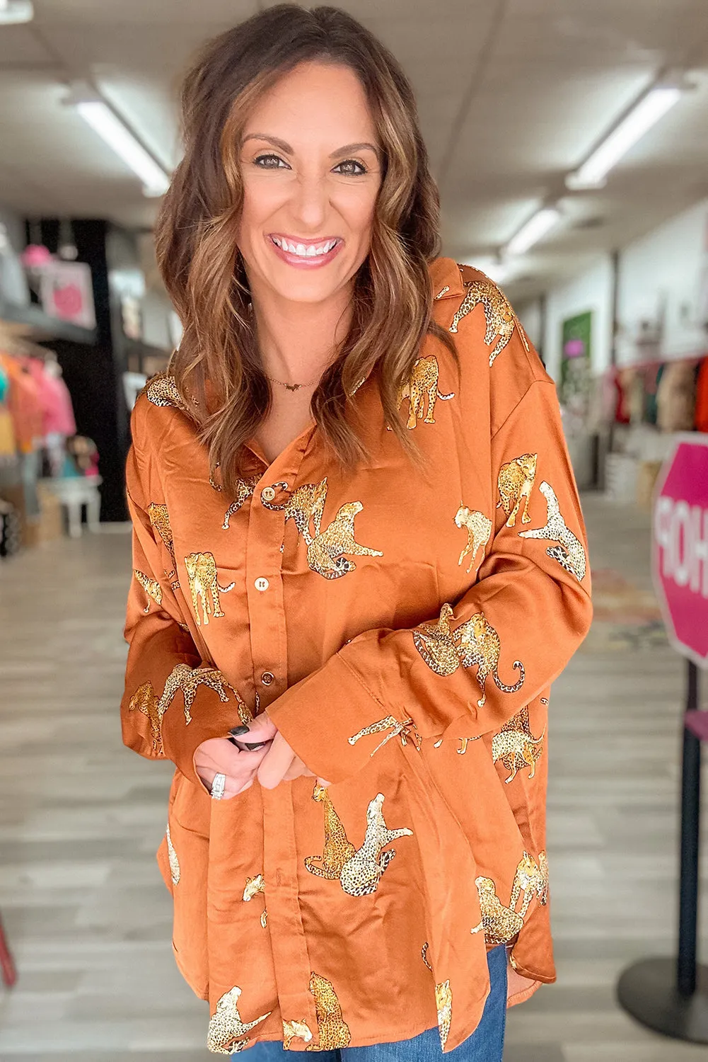 Russet Orange Cheetah Animal Print Button Up Satin Shirt