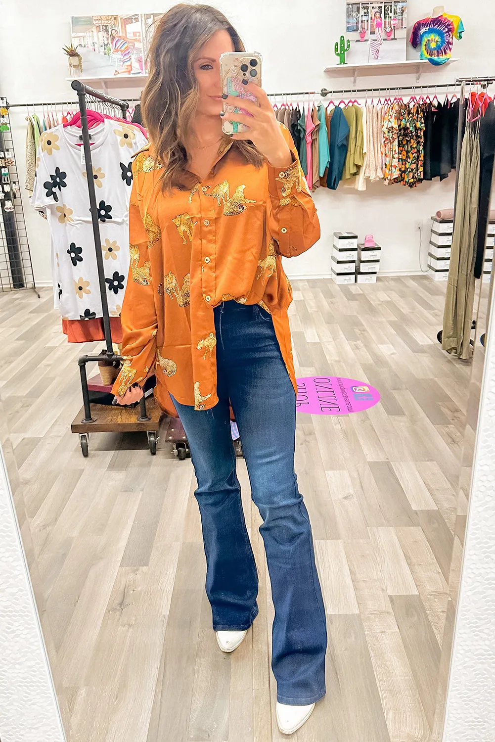 Russet Orange Cheetah Animal Print Button Up Satin Shirt