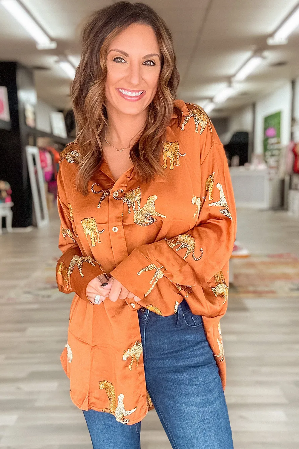 Russet Orange Cheetah Animal Print Button Up Satin Shirt