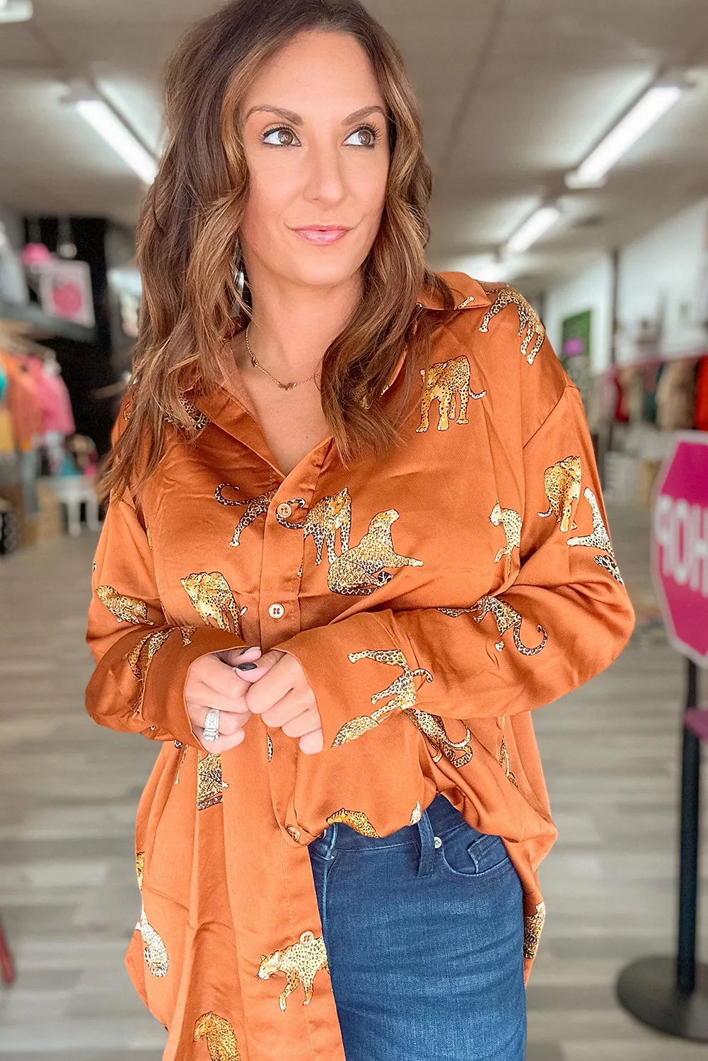 Russet Orange Cheetah Animal Print Button Up Satin Shirt