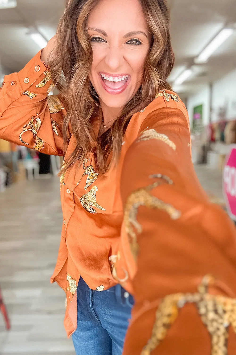 Russet Orange Cheetah Animal Print Button Up Satin Shirt