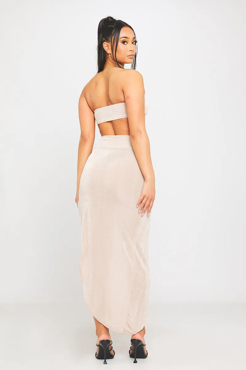 Sand Hammered Trim Bandeau Top & Slit Maxi Skirt