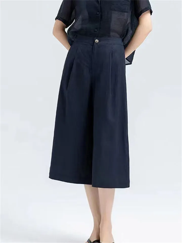 Semi-Elastic Slimming Wide Leg Cropped Pants for Ladies
