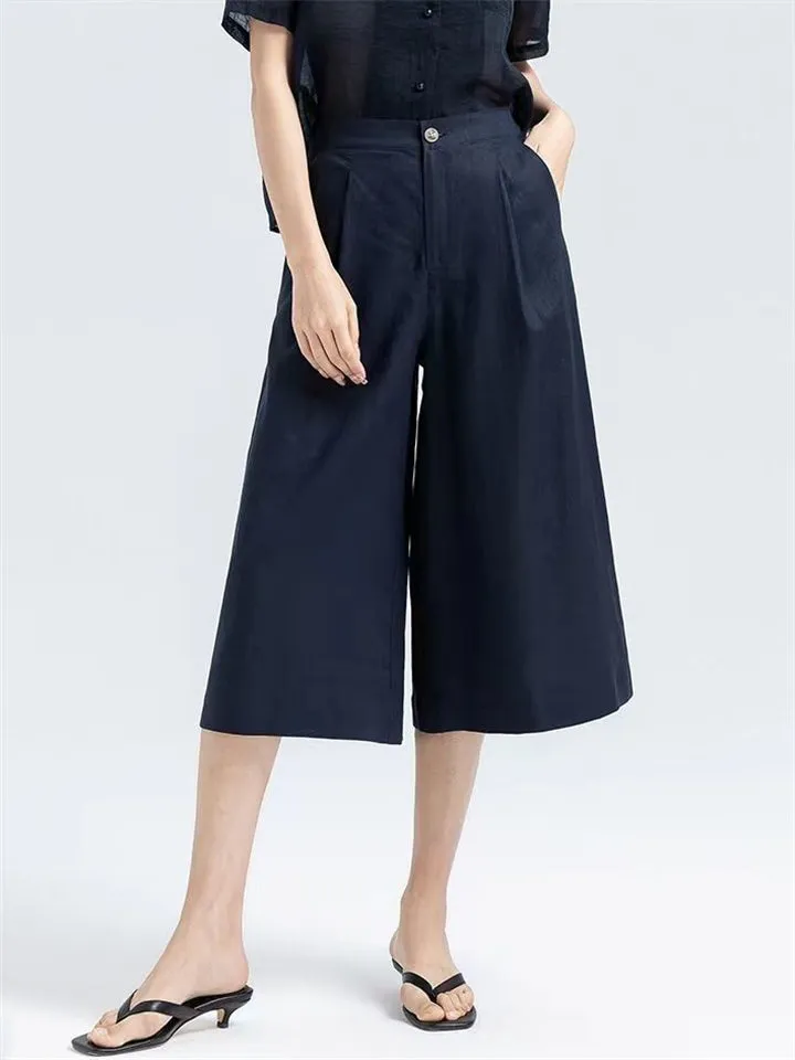 Semi-Elastic Slimming Wide Leg Cropped Pants for Ladies