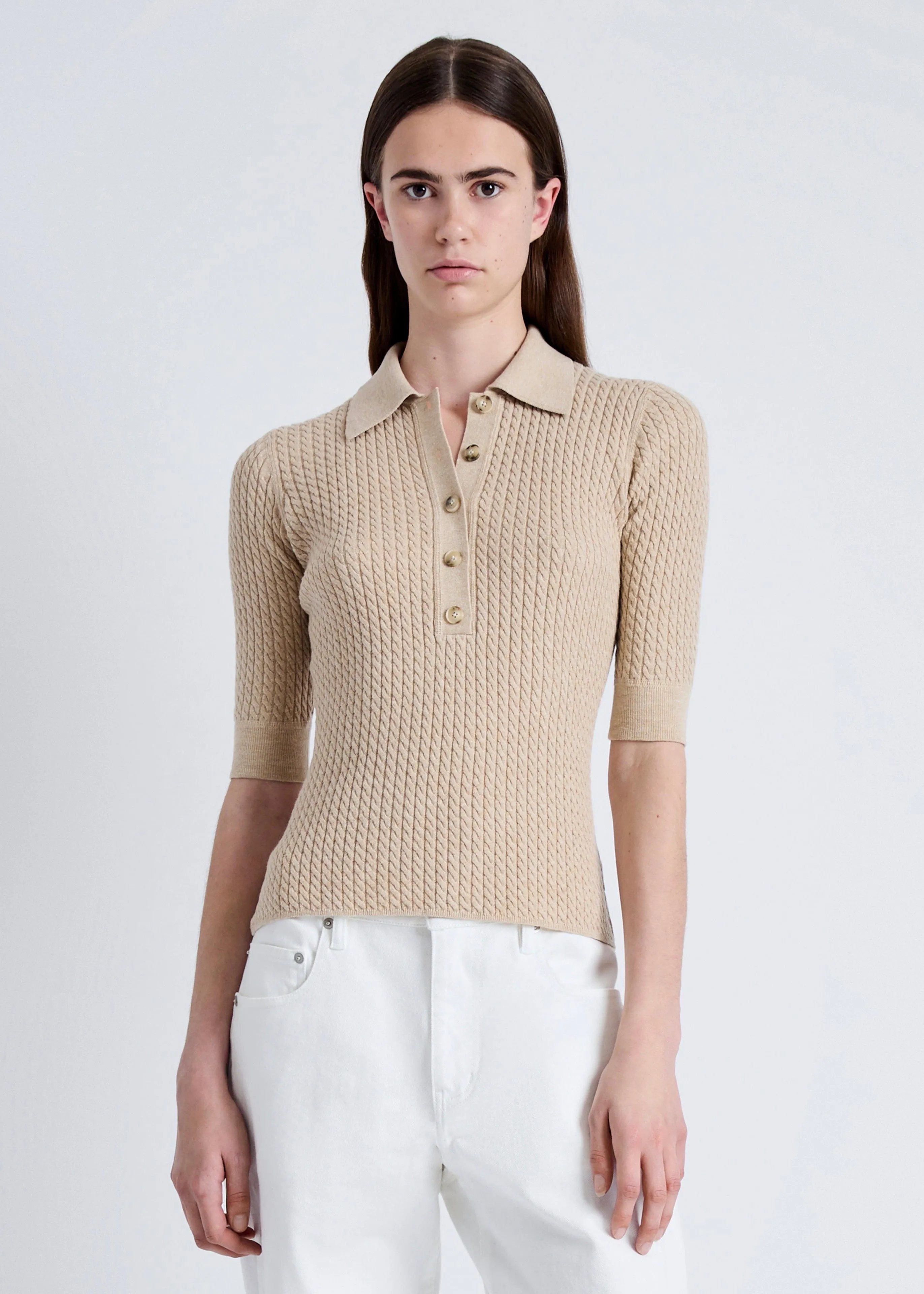 Sera Knit Polo in Micro Cable (Cashew)
