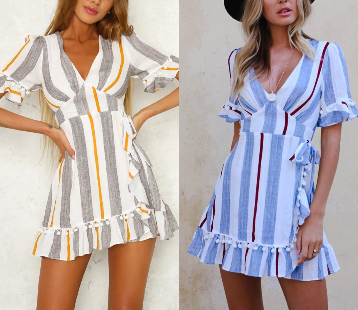 Sexy Deep V Striped Lace-up Ruffled Dress