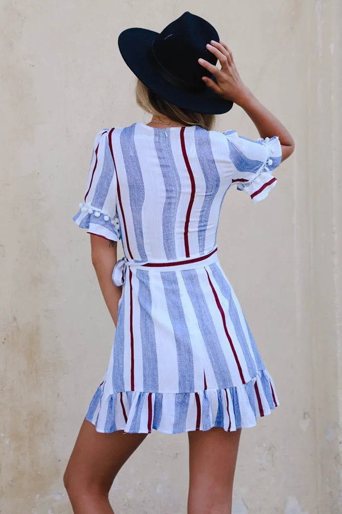 Sexy Deep V Striped Lace-up Ruffled Dress