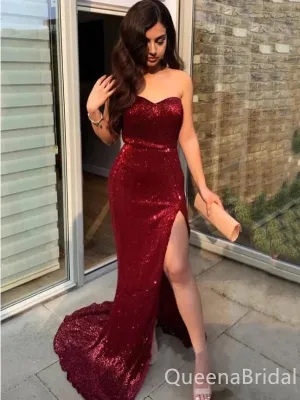 Sexy Red Mermaid Side Slit Maxi Long Party Prom Dresses, Wedding Party Dresses,WGP298