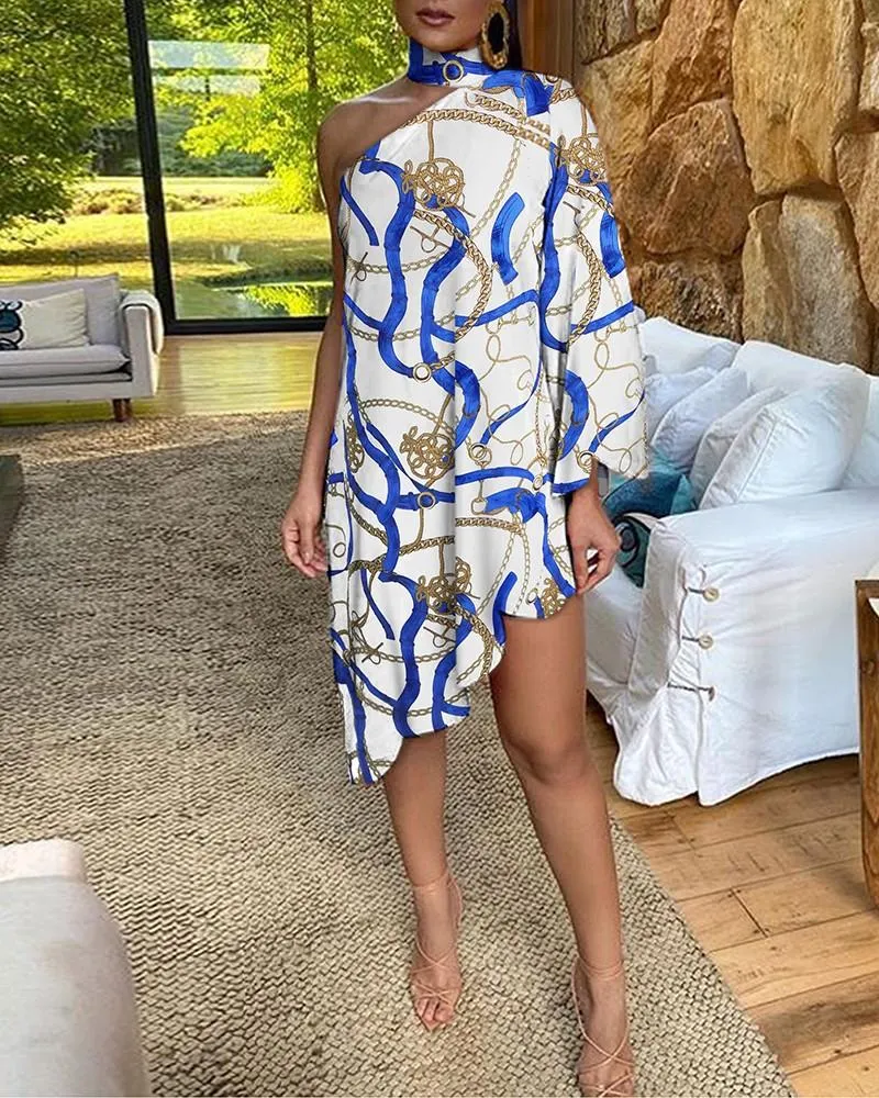 Sexy Ruffled Print One Shoulder Irregular Dresses