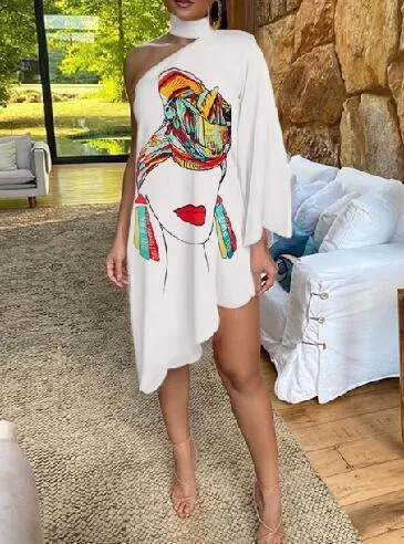 Sexy Ruffled Print One Shoulder Irregular Dresses