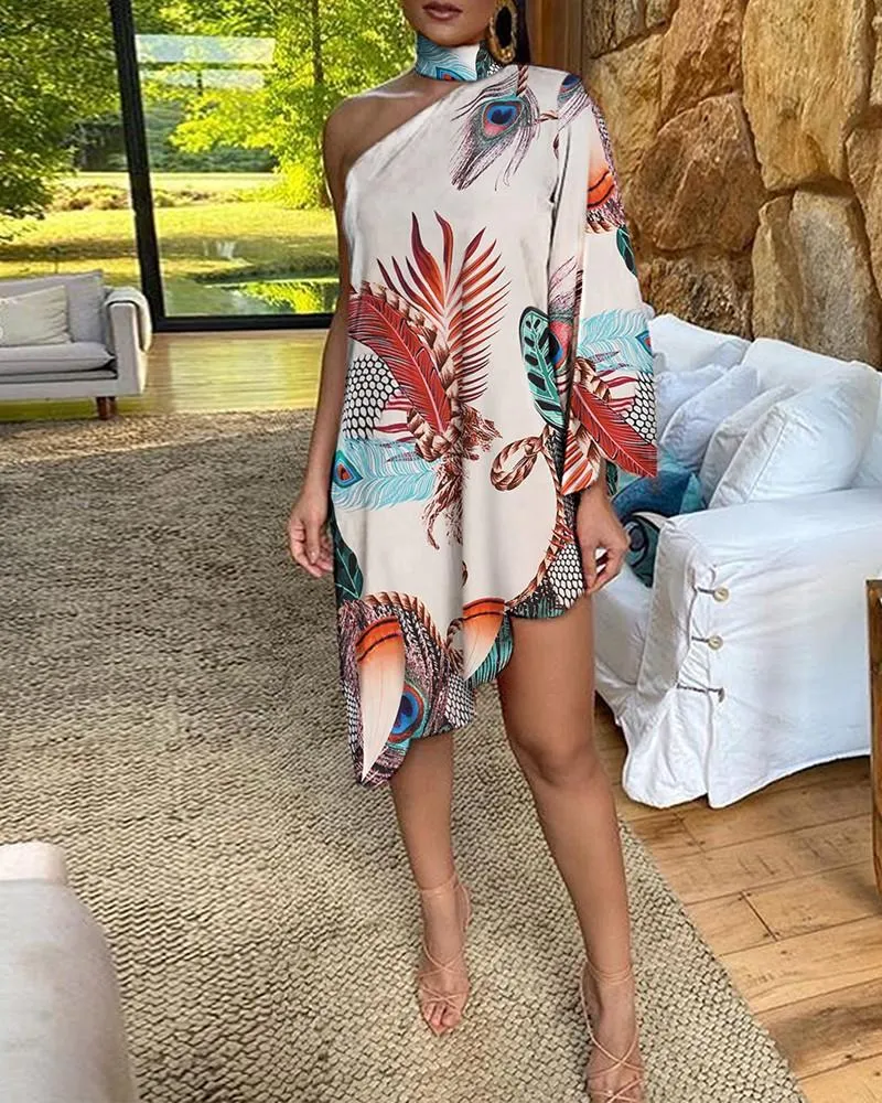 Sexy Ruffled Print One Shoulder Irregular Dresses