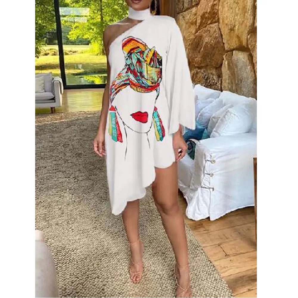 Sexy Ruffled Print One Shoulder Irregular Dresses