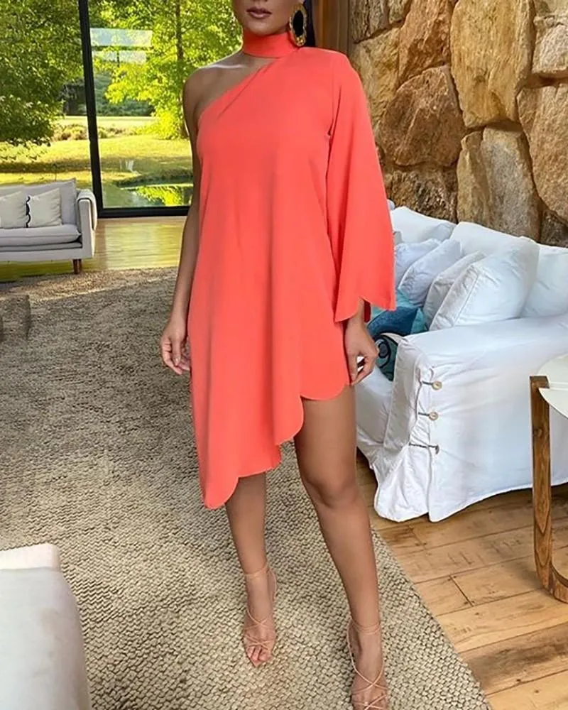 Sexy Ruffled Print One Shoulder Irregular Dresses